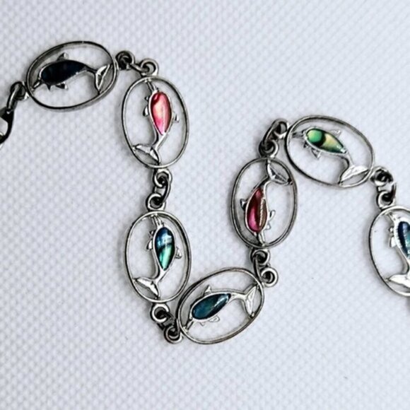 Beautiful Silver Tone Dolphin Link Bracelet With Colorful Backs - Picture 2 of 6